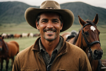 A cowboy smiling and horses behind. Generative AI.