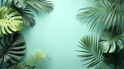 Fototapeta na wymiar Top view of palm leaves in a green pastel backdrop with a big empty space inside of it for product advertisement, Generative AI.
