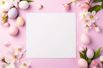Fototapeta na wymiar Kreatives flaches Ostergelege/Frühlingsgelege mit Blumen und einem weißem, leern Blatt Papier