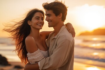 Romantic Couple Embracing on Beach at Sunset