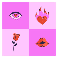 Square vector graphic card with grungy heart, eye, red rose, lips and white frame. Love and passion. Design for Valentine's Day. Postcard, banner, cover, invitation, clothing print, poster