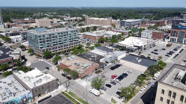 Iconic downtown of small American town of Royal Oak, aerial drone view