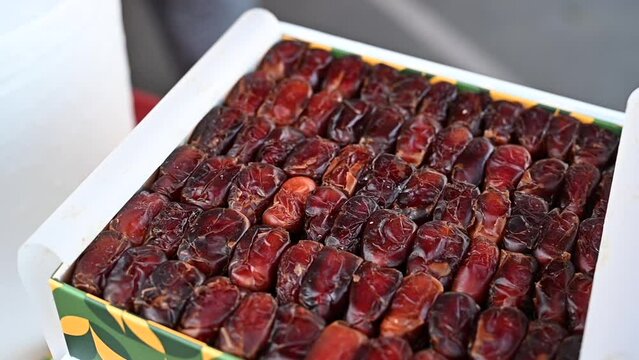 Emirati 'Fard' dates are elegantly packed in a gift box at a local dates shop