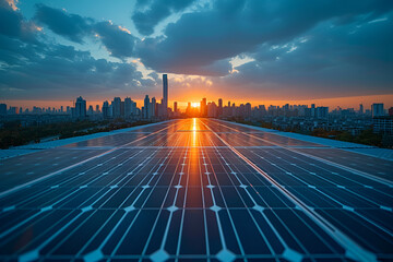 Solar panels on a rooftop, with a vibrant city skyline. Created with generative AI. - obrazy, fototapety, plakaty