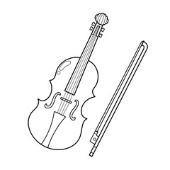Violin musical instrument in black and white for coloring page. Violin with strings clipart in outline. Vector illustration