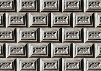 Wooden bricks. Wood brick texture. Decorative wooden door background. Design pattern. Square frame architecture background. Geometric carpentry wall. Old, antique rustic door. Wooden pattern texture.	