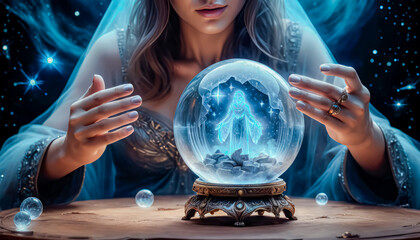 A beautiful mysterious fortune teller with piercing eyes predicts fate on a magic ball - obrazy, fototapety, plakaty