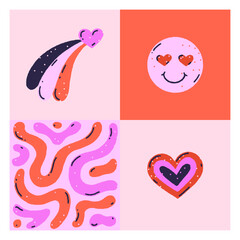 Square vector graphic card with grungy groovy cute elements and white frame. Love and passion. Design for Valentine's Day. Postcard, banner, cover, invitation, clothing print, poster © leila_divine