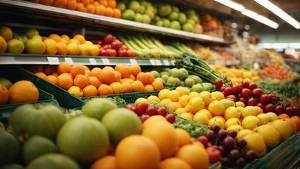  Fresh and clean healthy fruits and vegetables on a shelf in a supermarket background © PixelBook
