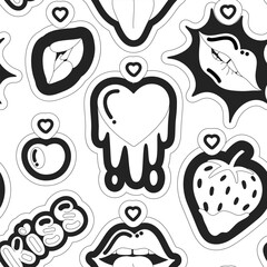 Black and white vector seamless pattern of strawberry, heart, kiss, lips. Love and passion. Playful, fun design with black outline. Print for fabrics, wallpaper, wrapping paper, gift bags