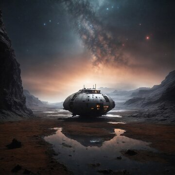 Post-apocalyptic world. Weather-beaten spaceship in a decaying space landscape. AI generated.
