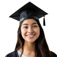 closed up of a graduating university student female girl smiling, wearing a graduation cap, isolated on a transparent background, student life
