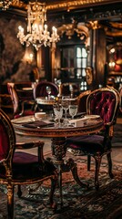 Fototapeta na wymiar Regal dining experience with antique-style tables, luxurious chairs, and a touch of gold accents creating a majestic atmosphere