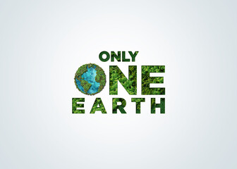 Only One Earth- World Environment day concept 3d design. World green map - Environment day and earth day background. 