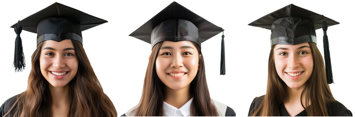 closed up of a graduating university student female girl smiling, wearing a graduation cap, isolated on a transparent background, student life
