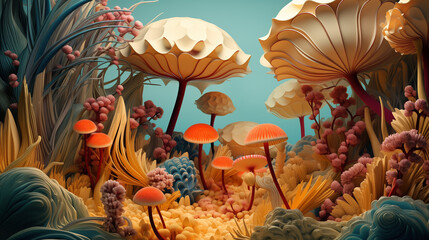 Futuristic fantasy floral composition of mushrooms, algae, flowers and other plants. Background with natural motif with warm lighting for design.