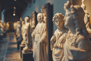 Naklejka premium collection of artistic statues in a gallery, with each piece illuminated against a fancy modern blurry background, conveying the curated elegance of the exhibit