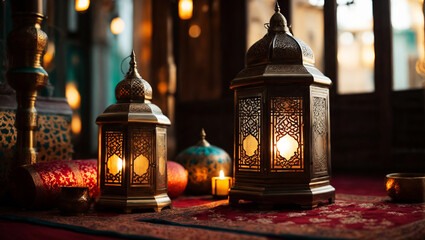 Islamic ornament, mandala, lantern element for celebrating eid ul fitre in mosque background
