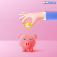 3d hand and piggy bank icon symbol. profit and growth, pound sterling gold coin. money storage, financial, Money creative business concept. 3D vector isolated illustration Cartoon pastel Minimal style