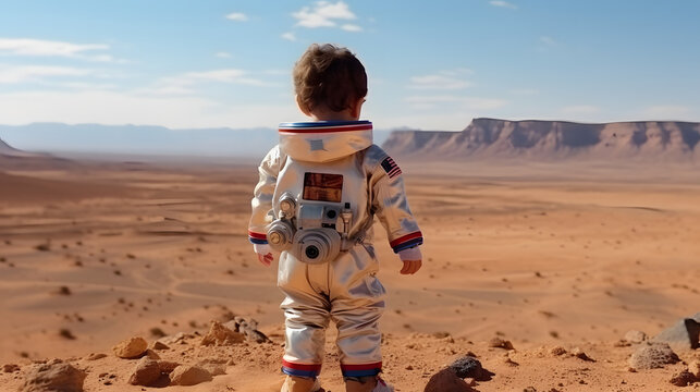 Little child in space suit wearing helmet