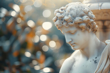 Fototapeta premium classical statue bathed in soft, natural light against a fancy modern blurry background, creating a harmonious blend of tradition and modernity