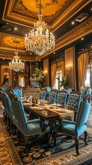 Regal dining experience with antique-style tables, luxurious chairs, and a touch of gold accents creating a majestic atmosphere