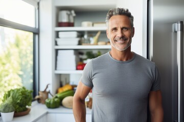 Smiling fit man standing in kitchen with fresh produce on shelves