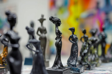 series of statues in an art studio, each one standing out against a fancy modern blurry background, conveying the artist's dedication to precision and elegance