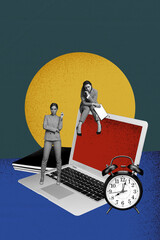 Vertical collage creative picture black white filter serious thoughtful young ladies work together...