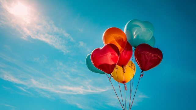 .A photograph of a heart-shaped balloon bouquet against a clear blue sky