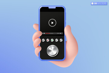 3d hand holding mobile phone video media control button interface symbol. Online playing for make money, Live streaming and vlog concept. 3D vector isolated illustration, Cartoon pastel Minimal style.