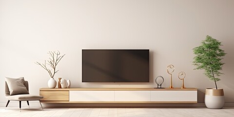 Minimalistic ed living room with cream wall and TV cabinet.