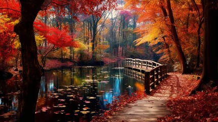 Colorful autumn foliage surrounding a secluded pond.