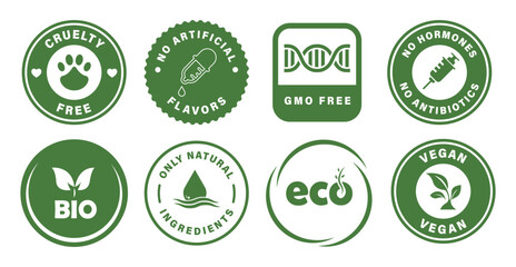 Collection of vector labels for product package. Cruelty free, GMO free, no hormones, bio, eco, vegan.