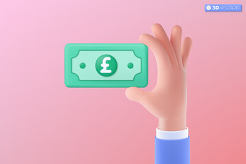 3d realistic hand hold pound sterling bill icon symbol. Money cash, currency sign, investment, profit or gain, finance or casino concept. 3D vector isolated illustration, Cartoon pastel Minimal style.