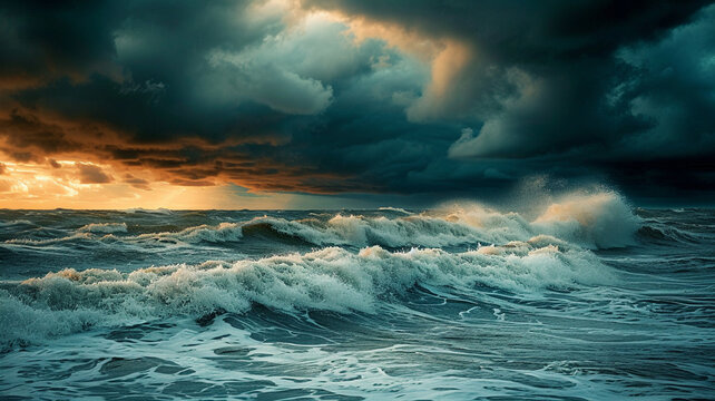 .A photograph of a stormy seascape with crashing waves and dark clouds