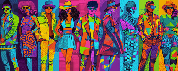 Group of diverse modern teenagers standing together in line, colorful graphic design