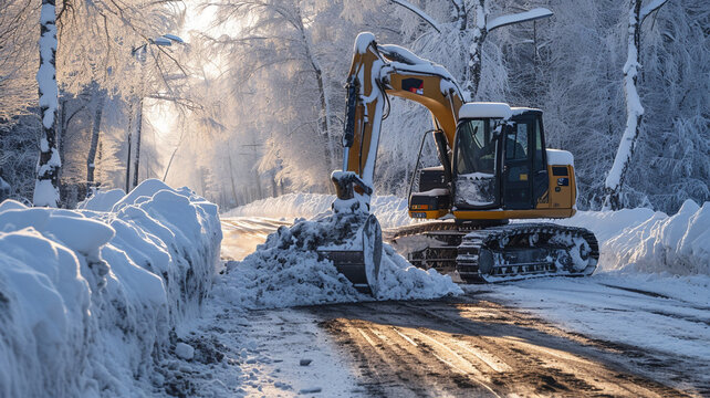 .A photograph of an close-up excavator clearing snow in a winter landscape