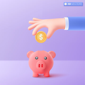 3d hand and piggy bank icon symbol. profit and growth, dollar gold coin. money storage, financial, Money creative business concept. 3D vector isolated illustration, Cartoon pastel Minimal style.