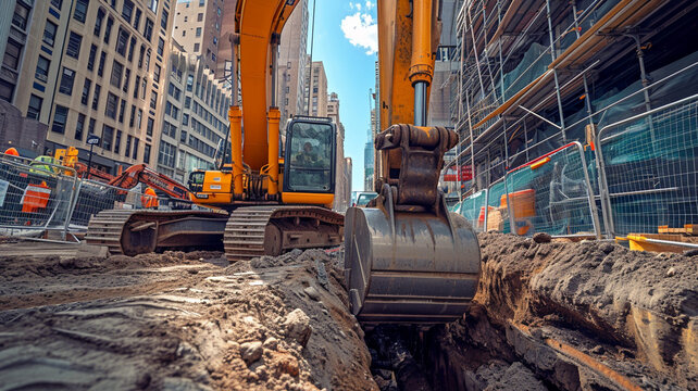 A photograph of an excavator on a construction site, carefully navigating around underground utilities
