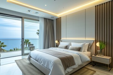 Modern seaside luxury hotel room, apartment with background sea view