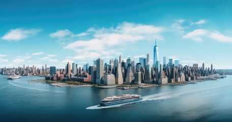 New York City panorama with skyscrapers and cruise ship.