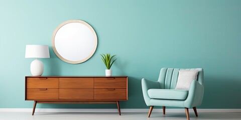 Modern living room with dresser and retro mirror on wall.