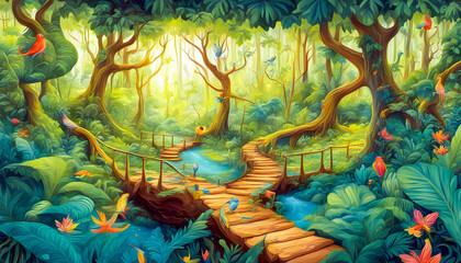 Enchanted Forest Path with Vibrant Flora and Fauna