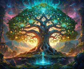 The shining tree of life. Colorful sacred tree of Scandinavian mythology, twisted trunk and lush green leaves. Fruits hang from its branches, and a shining orb is mounted in the center of the trunk.