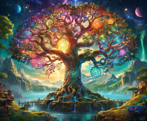 Fototapeta na wymiar The shining tree of life. Colorful sacred tree of Scandinavian mythology, twisted trunk and lush green leaves. Fruits hang from its branches, and a shining orb is mounted in the center of the trunk.
