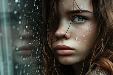 a beautiful young girl sad and depressed looking out of the window with raindrops on the glass window on a rainy day. astonishing green eyes. - obrazy, fototapety, plakaty