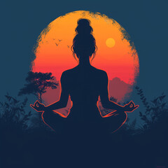 Yoga, woman in lotus position against sunset background, logo - 718086795