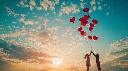 Whimsical and dreamy picture of a couple releasing heart-shaped balloons into the sky, symbolizing love taking flight, Valentine's Day, balloon release, hd, whimsical with copy spa