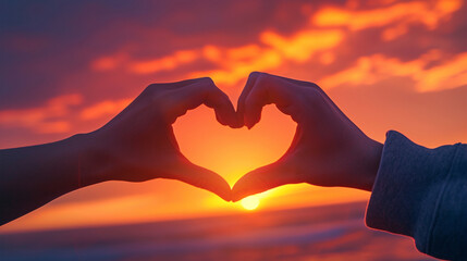 Close-up of a couple's hands forming a heart shape against a colorful sunset sky, conveying a sense of unity and love, Valentine's Day, hand heart, hd, romantic with copy space